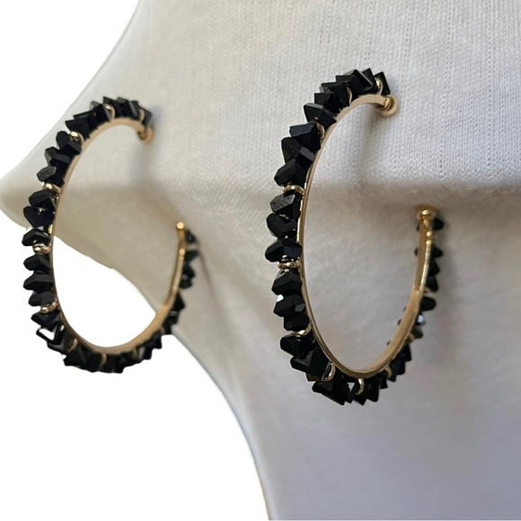 Large Rhinestone Studded Gold tone and Black Hoop Earrings - Picture 1 of 12